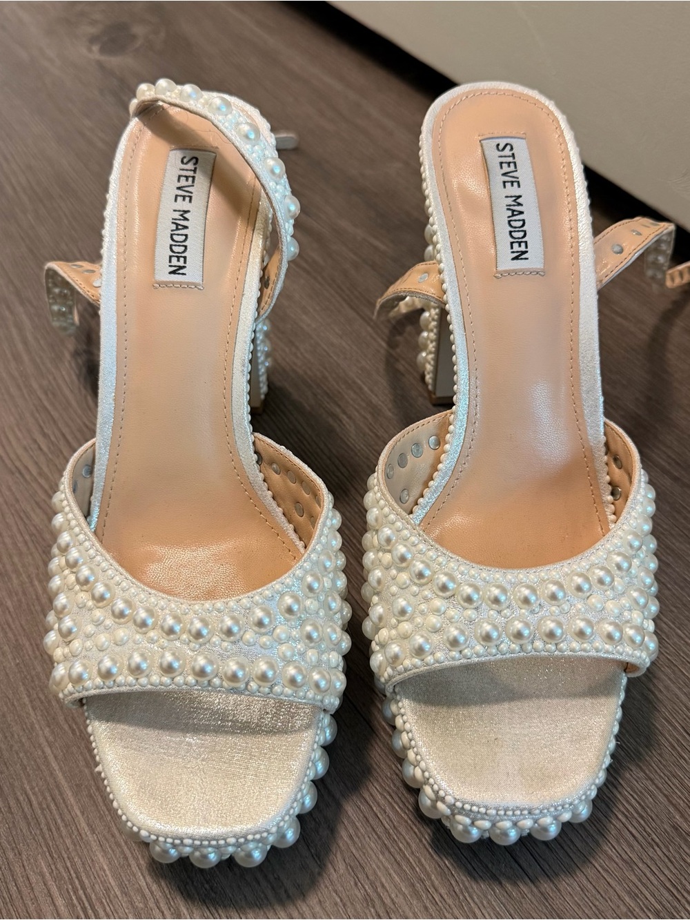Steve Madden Women's Pearl Embellished White Block Heel Sandals